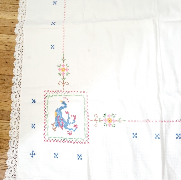 Vintage Peacock Cross Stitched White Cotton Table Square 37" x 33" - Picture 5 of 8